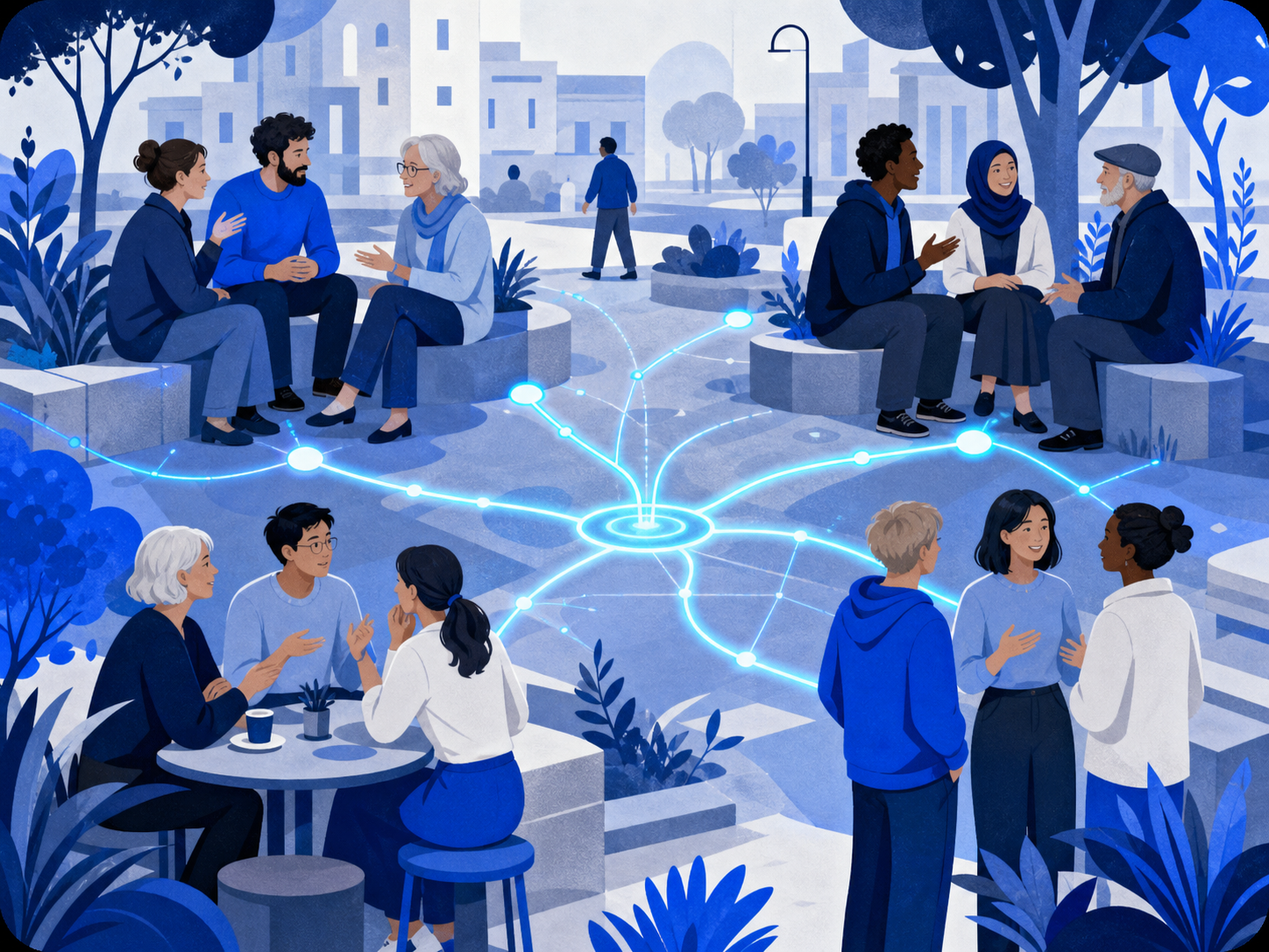 Illustration af lokale grupper forbundet i et fælles AI-netværk